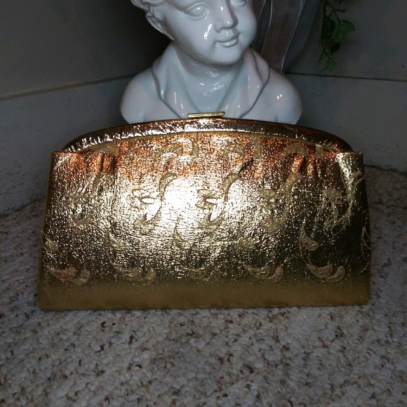 Vintage ER Miami Metallic Gold Embroidered Faux Leather Clasp Top Clutch Purse - Picture 8 of 16